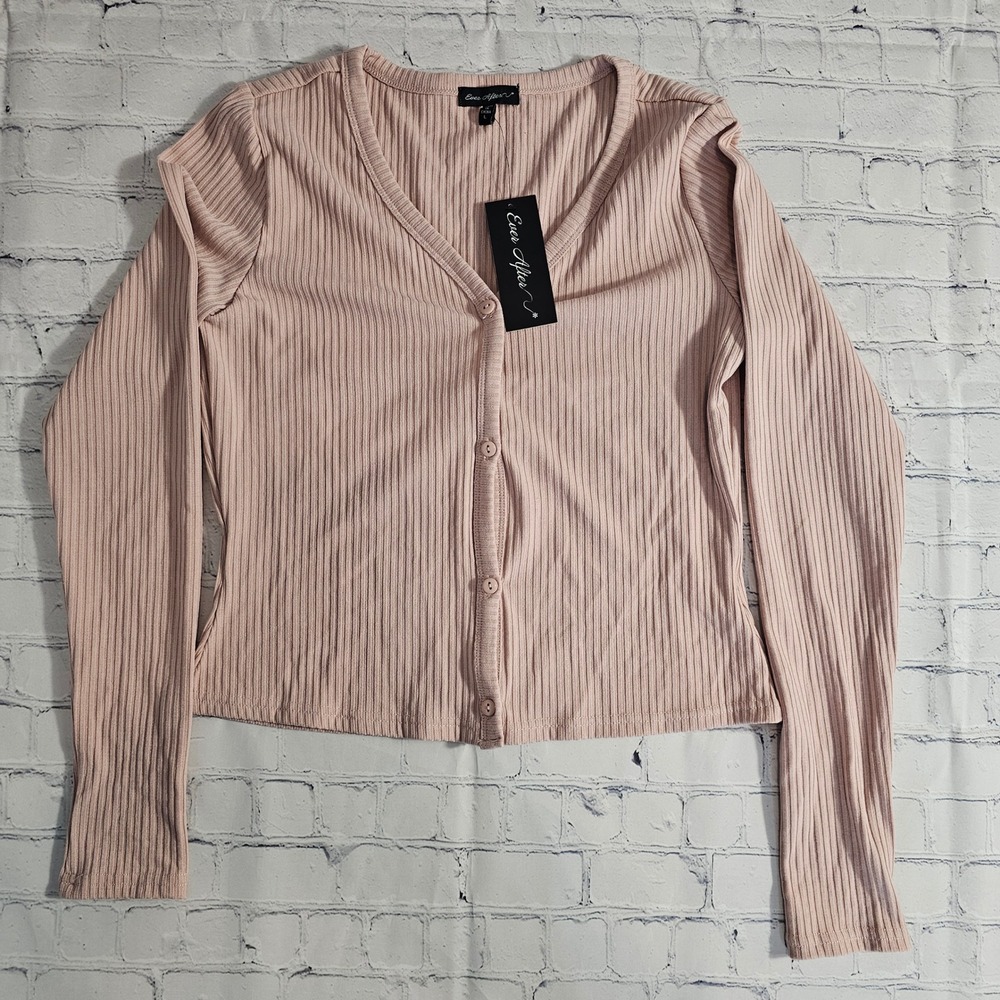 Ever After Womens Ribbed‎ Knit Button Front Cardigan Top Dusty Pink Large NWT